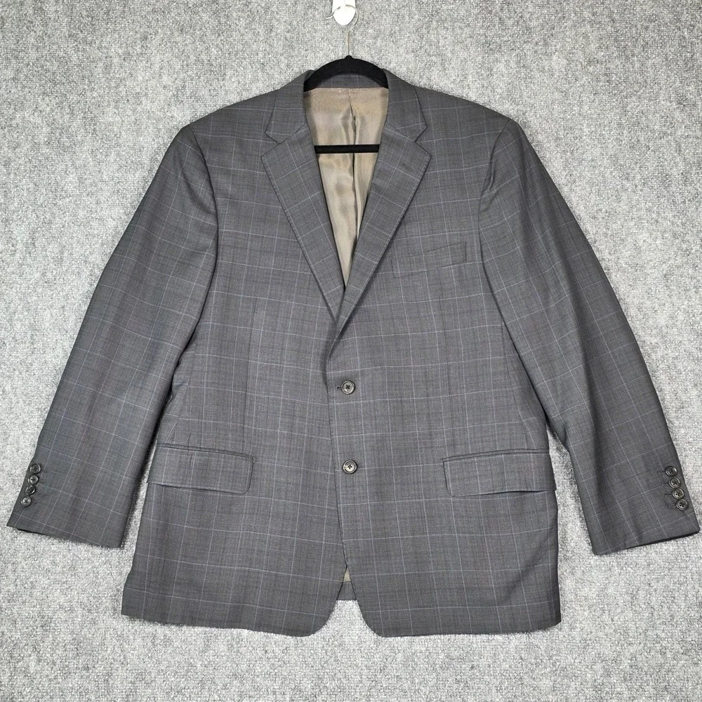 Vtg Hickey Freeman Suit Jacket Men 42‎ Grey Plaid Wool Silk Blazer Nordstrom USA